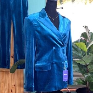 Velvet Double-Breasted Blazer - Teal Blue